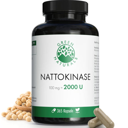 Nāttokināze 20 000 FU/g — 100 mg kapsulā — 1 gada krājums (365 kapsulas) — fermentēts sojas pupiņu ekstrakts — aptiekas kvalitāte — Green Naturals®