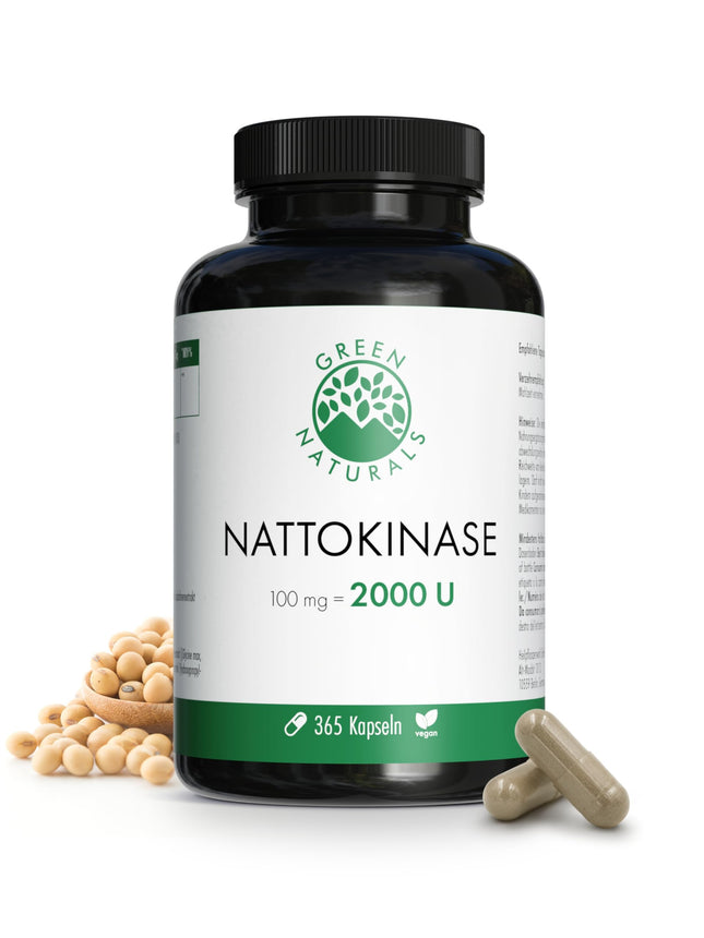 Nāttokināze 20 000 FU/g — 100 mg kapsulā — 1 gada krājums (365 kapsulas) — fermentēts sojas pupiņu ekstrakts — aptiekas kvalitāte — Green Naturals®