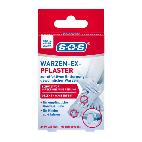 SOS Wart-Ex plāksteri - kārpu plāksteri parasto kārpu noņemšanai uz rokām un kājām - ūdensizturīgi - bērniem no 6 gadu vecuma - 24 plāksteri