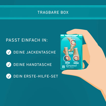 Compeed tulznu plāksteru maisījuma iepakojums – dažādu izmēru hidrokoloīdie plāksteri – tulznām uz papēžiem, kāju pirkstiem un mazām tulznām, 5 plāksteri