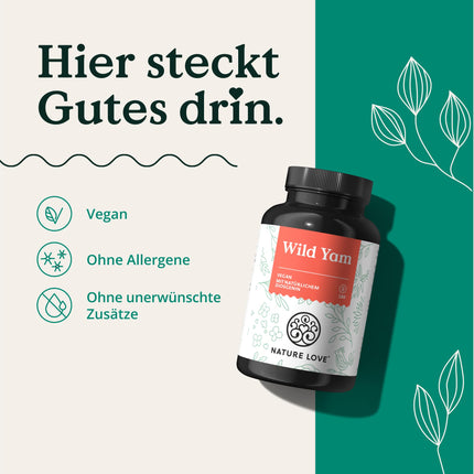 NATURE LOVE® Wild Yam kapsulas - 180 vegānas menopauzes kapsulas - Augsta deva ar 880 mg ekstrakta (ieskaitot 176 mg diosgenīna) - laboratoriski pārbaudīts, bez nevēlamām piedevām un ražots Vācijā