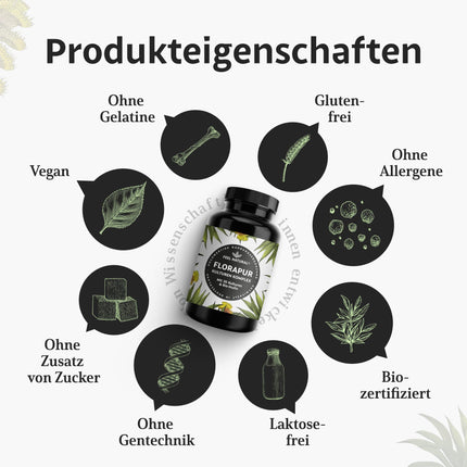 Florapur kultūru komplekss - 180 kuņģa sulu izturīgas kapsulas - 3 mēnešu krājumi - 20 baktēriju kultūras un organiskais inulīns - 20 miljardi CFU dienā - pienskābes baktērijas, bifidobaktērijas - vegāns