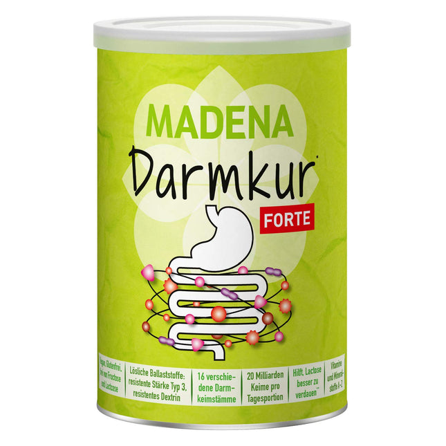 MADENA Darmkur Forte, 20 miljardi zarnu baktēriju vienā porcijā, šķiedrvielas, 3. tipa rezistenta ciete, kukurūzas dekstrīns, 16 baktēriju celmi, augsta deva, multivitamīni, vegāns