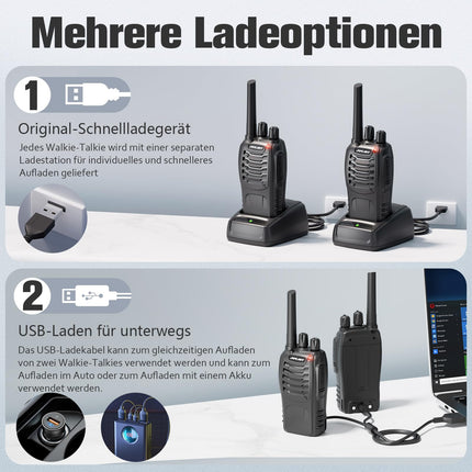 JUCJET 88E rācija, bezlicencīga PMR446 16 kanālu rācija, rokas rācija ar iebūvētu LED lukturīti. 2-in-1 C tipa uzlādes kabelis ar USB uzlādes staciju un austiņām (melns, 2 iepakojumā)