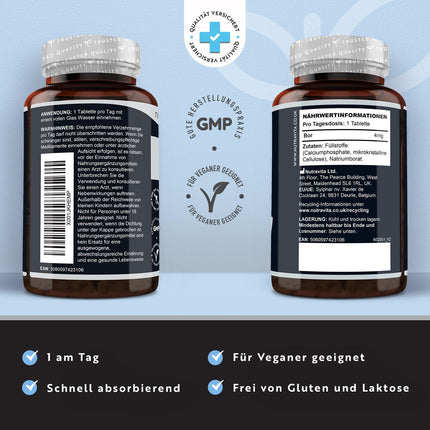 Bors — 4 mg tīra bora vienā tabletē — 400 tabletes — 13 mēnešu krājumi — Laboratorijā pārbaudīts — Bez nevēlamām piedevām — Augsta deva — Piemērots vegāniem — Ražotājs: Nutravita