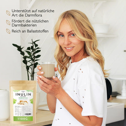 Inulīna pulveris, prebiotikas, šķiedrvielas, 1100 g (1,1 kg), audzēts Eiropā, cigoriņu sakne, vegāns