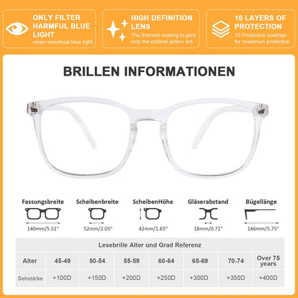 DOOViC zilās gaismas filtra datora brilles, caurspīdīgas/kvadrātveida rāmja, lielas datora brilles, bezrecepšu vīriešiem/sievietēm 0.0