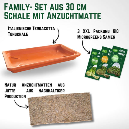 Green Mageo Family 31 cm kressalātu audzēšanas komplekts - audzēšanas paplāte ar kressalātu, lucernas un rukolas sēklu maksimālo iepakojumu, džutas audzēšanas paklājiņi, ideāli piemēroti kā mikrozaļumu audzēšanas komplekts