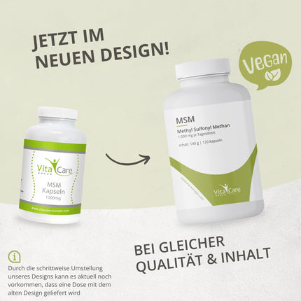 VitaCare MSM kapsulas, 120 kapsulas, katra satur 1000 mg MSM pulvera, novērš sēra deficītu, organisks un dabīgs sēra pulveris ar augstu biopieejamību