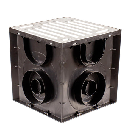 ScarMaxx - Pagalma noteka 250x250 mm - Grīdas noteka ar netīrumu savācēju, ar savienojumu dažāda izmēra KG caurulēm - Plastmasas grīdas noteka - Cinkots režģis