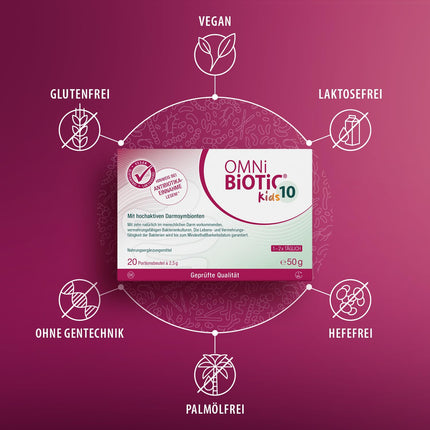 OMNi BiOTiC 10 bērniem | 20 porcijas (50 g) | 10 baktēriju celmi | 10 miljardi baktēriju vienā dienas devā | Pulveris | Ar inulīnu | Vegāns | Bez glutēna | Bez laktozes | Ikdienas lietošanai