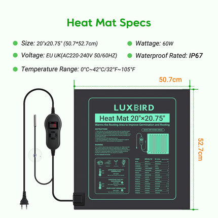 Luxbird apsildes paklājiņš ar termostatu, iekštelpu siltumnīcas apsildes paklājiņš stādu dīgšanas siltumnīcai, 60 vati, IP67 ūdensizturīgs, 50 x 52 cm