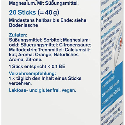 tetesept Magnesium 500 Direct – 1 x 20 Direct Sticks – Uztura bagātinātājs ar magnija pulveri lietošanai bez ūdens – Ātri aktīviem muskuļiem