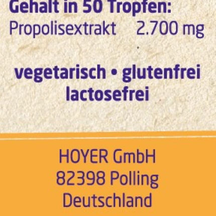 HOYER Propolisa pilieni organiskie - bezalkoholiski un ūdenī šķīstoši - tīrs propolisa ekstrakts kā uztura bagātinātājs vai ārīgai lietošanai - 30 ml