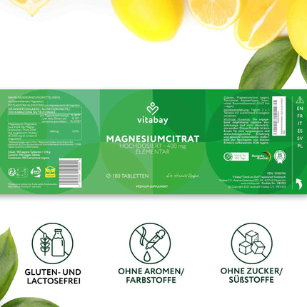 Vitabay magnija citrāts 2556 mg augsta deva - 180 tabletes vegāns un laboratorijā pārbaudīts - magnija citrāts - veicina normālu enerģijas metabolismu un normālu muskuļu darbību