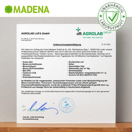 MADENA HistaEx Synbio – pienskābes baktērijas un bifidobaktērijas histamīna nepanesības un fruktozes nepanesības ārstēšanai – 60 kapsulas + 2 šķīstošās šķiedrvielas, dienas deva 20 miljardi baktēriju