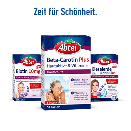 Abtei Beta-Carotene Plus - Ādas aizsardzībai - Ar ādai aktīviem B vitamīniem - Bez glutēna, bez laktozes - 50 kapsulas