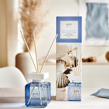 ipuro - Essentials istabas aromāts Saulains pludmales laiks 100ml | Telpas atsvaidzinātājs ar greipfrūta, citrona un baltā muskusa aromātu | Difuzors ar nūjiņām | Gaisa atsvaidzinātājs mājām