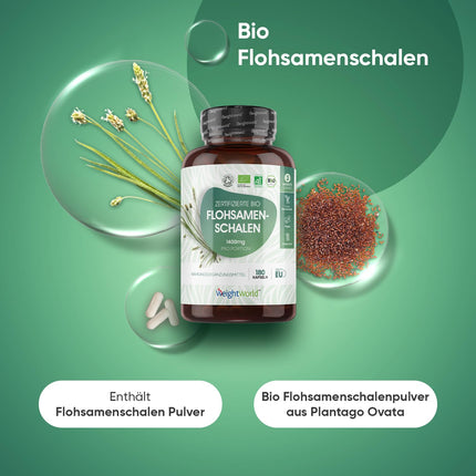 Organiskas psyllium sēnalas 1400 mg vienā porcijā - 180 vegānu kapsulas - 3 mēnešu krājumi - Psyllium sēnalas - bez glutēna un ĢMO - sertificēts bioloģisks psyllium sēnalu pulveris no WeightWorld