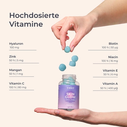 Yuicy Skin Glow - hialuronskābes želejkonfektes – bezcukura, augstas devas ādas vitamīni tīrai un skaistai ādai. Ar biotīnu, cinku un 6 citām uzturvielām. Vegāns un ražots Vācijā. 60 želejkonfektes.