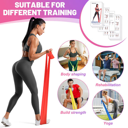 5 daļu fitnesa joslu komplekts, 1,5 m vingrošanas lentes pretestības lentes 5 stipruma pakāpēs, fitnesa lentes pretestības lentes Pilates jogas spēka treniņiem vīriešiem un sievietēm