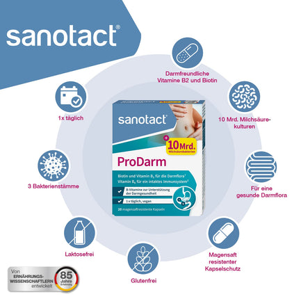 sanotact ProDarm (20 kapsulas) • 10 miljardi pienskābes kultūru + 3 baktēriju celmi zarnu attīrīšanai • Baktēriju kultūras kā zarnu attīrīšanas līdzeklis • Ar B6, B2 vitamīniem + biotīnu • Probiotiska zarnu attīrīšana
