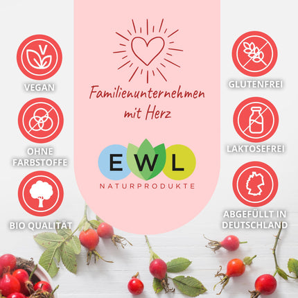 EWL Naturprodukte bioloģiskais mežrozīšu pulveris 1kg, veselas mežrozīšu ogas, samaltas pārtikas kvalitātē, vegāns, bioloģisks mežrozīšu pulveris no kontrolētas bioloģiskas audzēšanas.