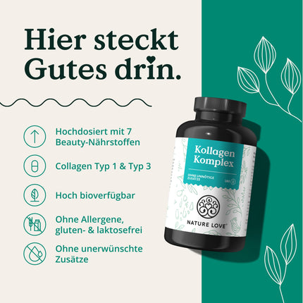 NATURE LOVE® kolagēna komplekss – 180 kapsulas – ar hialuronskābi, biotīnu, selēnu, cinku, C vitamīnu no acerolas un silīciju no bambusa ekstrakta – augstas devas kolagēns – laboratoriski pārbaudīts un ražots Vācijā