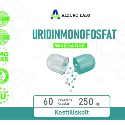 Alzuro Labs uridīna monofosfāts | 250 mg | 60 vegānu kapsulas | Augstas devas smadzeņu, atmiņas un nervu sistēmas atbalsts | 2 mēnešu krājums | Laboratorijā pārbaudīts GMP sertificēts uztura bagātinātājs