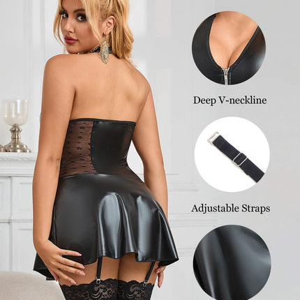 ohyeahlady Ādas kleita Sieviešu melna eleganta īsa kleita Plus izmēra mitrā izskata seksīga apakšveļa A-līnijas PU ādas ballīšu kleita V-veida kakla mini kleita Klubveļa Apakšveļa A-līnijas sievietes melna, XXL