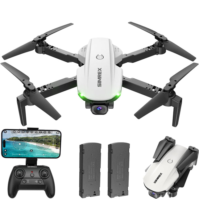 SIMREX drons ar 1080P kameru, vienas taustiņa pacelšanās drons, lidošana ar ceļa punktiem, automātiska sekošana, 3D apgriešana, 3 ātrumi, tālvadības drons bērniem un pieaugušajiem, balts