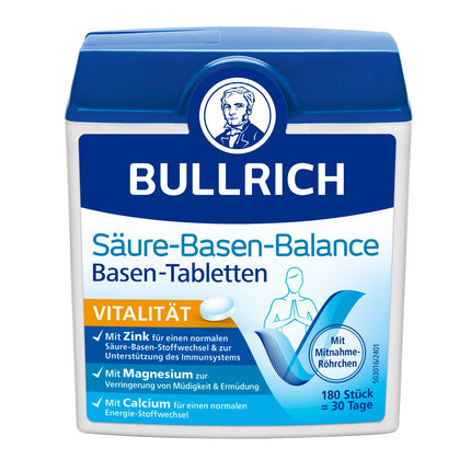 Bullrich skābju-bāzu līdzsvara bāzes tabletes | Ar cinku līdzsvarotam skābju-bāzes līdzsvaram | Vegāns | Ieskaitot līdzņemšanas caurule | 180 gabali (1 iepakojums)