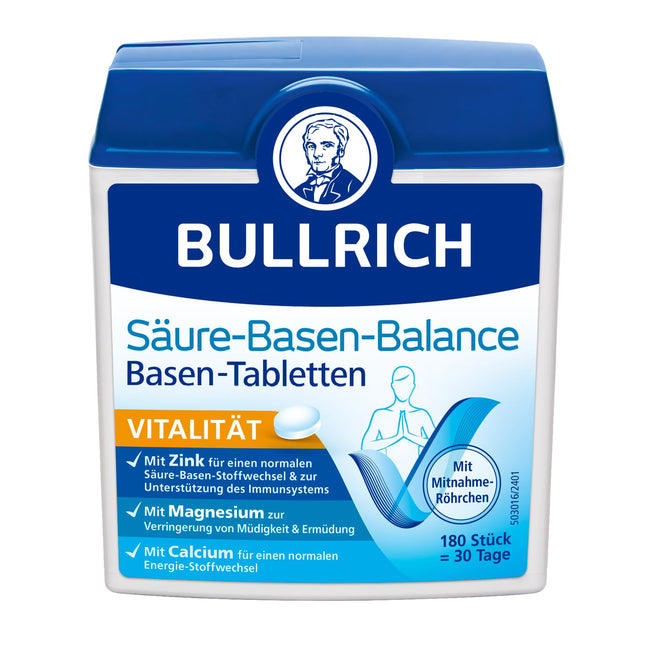 Bullrich skābju-bāzu līdzsvara bāzes tabletes | Ar cinku līdzsvarotam skābju-bāzes līdzsvaram | Vegāns | Ieskaitot līdzņemšanas caurule | 180 gabali (1 iepakojums)