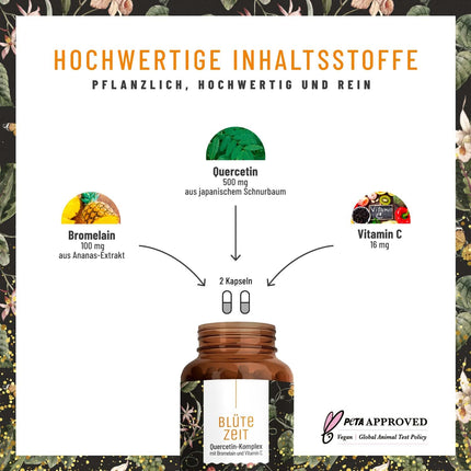 Kvercetīna bromelaīna komplekss 120 vegānas kapsulas - 500 mg lielas kvercetīna devas, 100 mg bromelaīna un 16 mg C vitamīna vienā dienas devā - Blossom Time by Naturtreu
