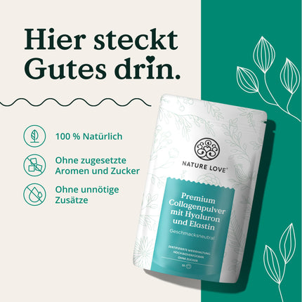 NATURE LOVE® Premium kolagēna pulveris ar hialuronskābi un elastīnu - 500 g kolagēna - 1. un 3. tipa peptīdi - bez garšas - kolagēns no ganībās barotām liellopiem - laboratoriski pārbaudīts
