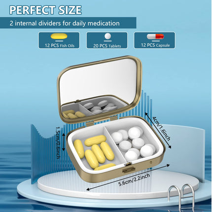 Tablešu kastīte Tablešu kastīte ar spoguli Retro maza tablešu kastīte makam vai kabatai Bronzas krāsas tablešu kastīte vitamīniem, zivju eļļai, uztura bagātinātājiem, tabletēm, kas satur ceļojumu dāvanas (2 gab.)