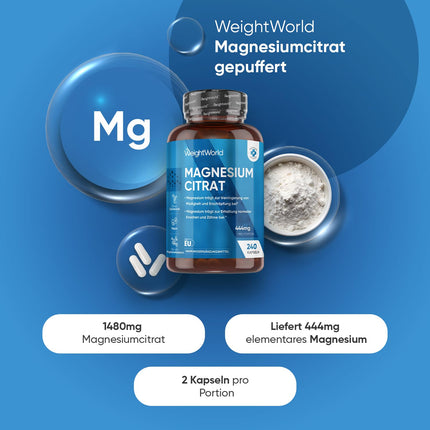 Magnija citrāta buferēts - 240 vegānas kapsulas - 444 mg elementārā magnija vienā porcijā - 4 mēnešu krājumi - magnija citrāta kapsulas - alternatīva tabletēm vai pulverim - no WeightWorld