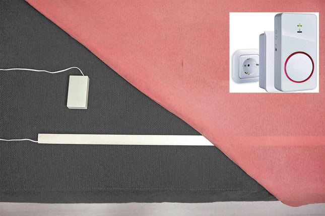 Pratoline bezvadu gultas malas sensors - aprūpes palīglīdzeklis - ar akumulatora radio uztvērēju, tīkla un mobilo - 60 cm x 22 mm x 2 mm - demences kritiena novēršana - gultas malas trauksmes signāls