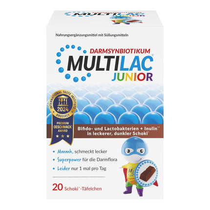 MULTILAC INTESTINAL SYNBIOTIK Junior ar 20 šokolādes tāfelītēm. Satur atlasītas bifidobaktērijas un laktobaktērijas ar inulīnu un 1 miljardu baktēriju. Bez cukura, bez glutēna, bez laktozes. Tikai reizi dienā.