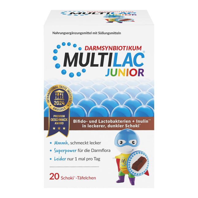 MULTILAC INTESTINAL SYNBIOTIK Junior ar 20 šokolādes tāfelītēm. Satur atlasītas bifidobaktērijas un laktobaktērijas ar inulīnu un 1 miljardu baktēriju. Bez cukura, bez glutēna, bez laktozes. Tikai reizi dienā.
