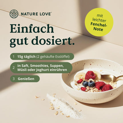 NATURE LOVE® pulveris ar augstu šķiedrvielu saturu - 450 grami - Šķiedrvielas: psilija sēnalas, akācijas šķiedra, inulīns, auzas un citas - ideāls uztura bagātinātājs zarnu attīrīšanai - vegāns un laboratorijā pārbaudīts