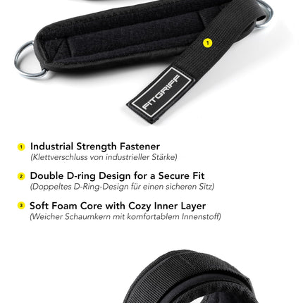 Fitgriff® pēdu siksnas V3 — fitnesa treniņiem uz trošu skriemeļiem — (2 gab.) Potīšu siksnas sievietēm un vīriešiem (melnas)