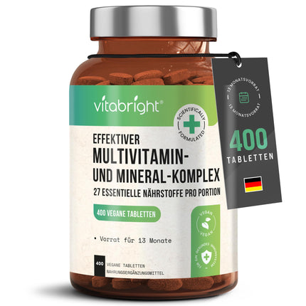 Multivitamīnu tabletes ar augstu devu - 400 mg vitamīnu, minerālvielu un uztura bagātinātāju dienas deva AZ Vitamīni + minerālvielas | Uztura bagātinātājs sievietēm/vīriešiem vegānu multivitamīnu komplekss, VitaBright