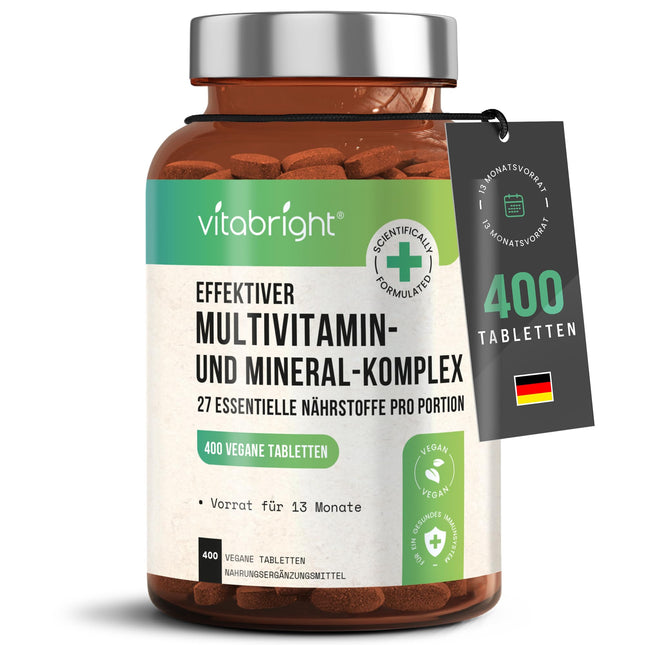 Multivitamīnu tabletes ar augstu devu - 400 mg vitamīnu, minerālvielu un uztura bagātinātāju dienas deva AZ Vitamīni + minerālvielas | Uztura bagātinātājs sievietēm/vīriešiem vegānu multivitamīnu komplekss, VitaBright