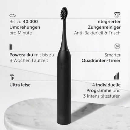Wondersmile Sonic zobu birste PRO — testa uzvarētājs 2025. gadā — 100 dienu bezriska izmēģinājums — TÜV apstiprināta — elektriskā zobu birste, 4 programmas — 60 dienu akumulatora darbības laiks ar viedo birstes galviņu (Ultimate Black)