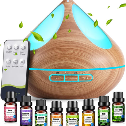 VAAGHANM Aroma difuzors 500 ml ar 8 ēteriskajām eļļām, aromterapijas difuzori, gaisa atsvaidzinātājs, mitrinātājs ar tālvadības pulti, 4 taimeri guļamistabai, brūns