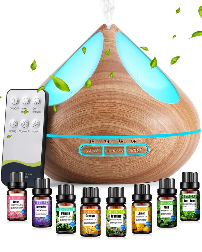 VAAGHANM Aroma difuzors 500 ml ar 8 ēteriskajām eļļām, aromterapijas difuzori, gaisa atsvaidzinātājs, mitrinātājs ar tālvadības pulti, 4 taimeri guļamistabai, brūns