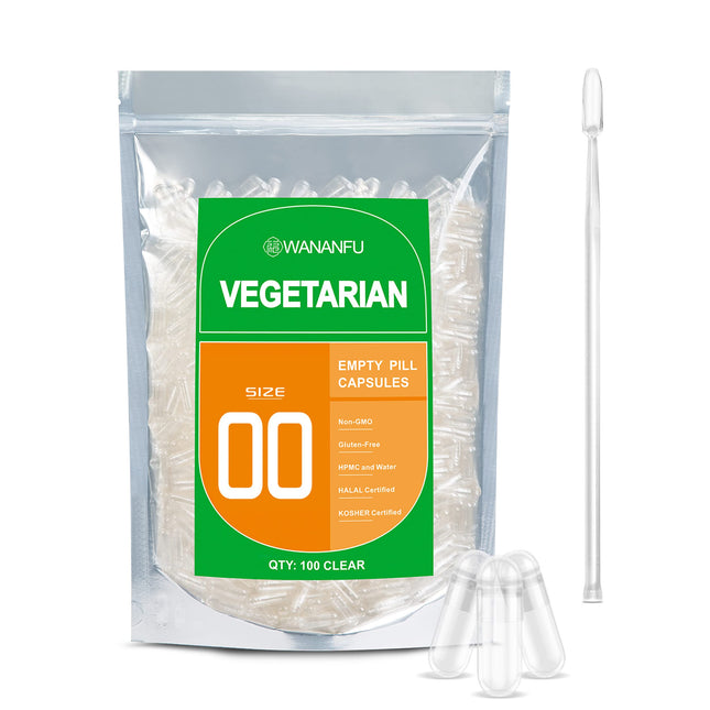 WANANFU vegānu tukšās kapsulas, izmērs 00 (100 gab.), komplekts ar 2 mikrokarotītēm, tukšas kapsulas pildīšanai, saderīgas ar kapsulu pildītāju, izmērs 00