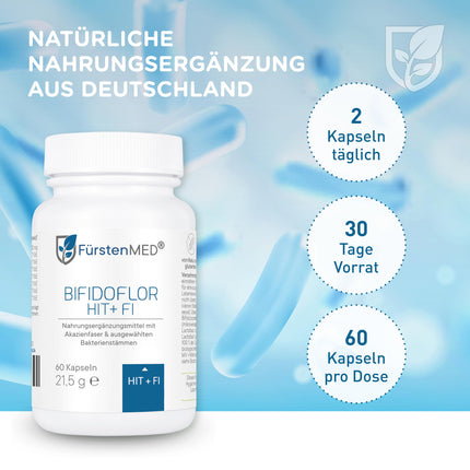 FürstenMED® Bifidoflor HIT + FI histamīna nepanesības un fruktozes nepanesības ārstēšanai ar Bifidobacterium un Lactobacillus celmiem - 60 kuņģa sulu izturīgas kapsulas - Laboratorijā pārbaudītas, vegānas un bez piedevām