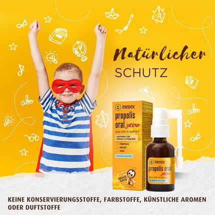 Medex Propolis Oral Junior, propolisa aerosols, mutes un rīkles aerosols, uz ūdens bāzes, BEZ spirta; ar pievienotu medu, salviju, niacīnu, egļu galiem, ar aplikatoru, bērniem no 3 gadu vecuma, 30 ml